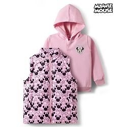 Babyhug Disney Fleece Woven Full Sleeves Hooded Sweatshirt With Sleeveless Padded Jacket With Minnie Mouse Graphic - Pink