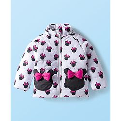 Babyhug Disney Woven Full Sleeves Hooded Winter Jacket With Minnie Mouse Print & Ear Bow Applique - White