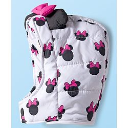 Babyhug Disney Woven Full Sleeves Hooded Winter Jacket With Minnie Mouse Print & Ear Bow Applique - White