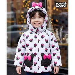 Babyhug Disney Woven Full Sleeves Hooded Winter Jacket With Minnie Mouse Print & Ear Bow Applique - White