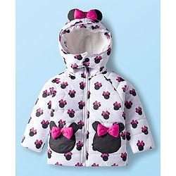 Babyhug Disney Woven Full Sleeves Hooded Winter Jacket With Minnie Mouse Print & Ear Bow Applique - White