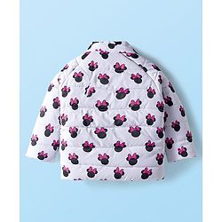 Babyhug Disney Woven Full Sleeves Hooded Winter Jacket With Minnie Mouse Print & Ear Bow Applique - White