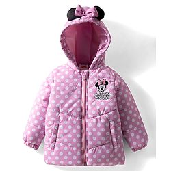 Babyhug Disney Woven Full Sleeves Hooded Winter Jacket With Minnie Mouse Graphics & Ear Bow Applique - Pink