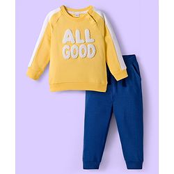 Babyhug Terry Knit Premium Light Gauge Terry Full Sleeves T-Shirt & Jogger Set with All Good Text Print - Yellow & Blue