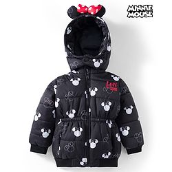 Babyhug Disney Woven Full Sleeves Hooded Padded Jacket With Minnie Mouse Print & Ear Bow Applique - Black