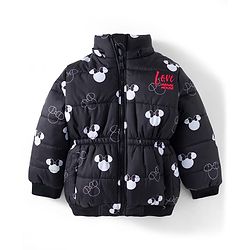 Babyhug Disney Woven Full Sleeves Hooded Padded Jacket With Minnie Mouse Print & Ear Bow Applique - Black