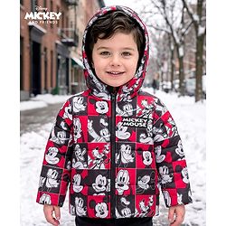 Babyhug Disney Woven Full Sleeves Hooded Winter Jacket With Mickey & Friends Print - Red