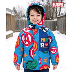 Babyhug Marvel Woven Full Sleeves Hooded Padded Jacket With Avengers Print & Detachable Hood - Blue