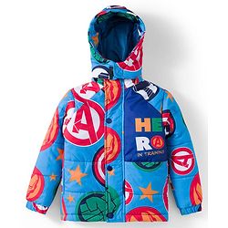 Babyhug Marvel Woven Full Sleeves Hooded Padded Jacket With Avengers Print & Detachable Hood - Blue