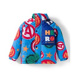 Babyhug Marvel Woven Full Sleeves Hooded Padded Jacket With Avengers Print & Detachable Hood - Blue