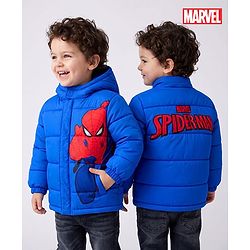 Babyhug Marvel Woven Full Sleeves Hooded Winter Jacket With Spider Man Graphics - Blue