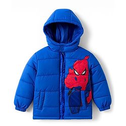 Babyhug Marvel Woven Full Sleeves Hooded Winter Jacket With Spider Man Graphics - Blue
