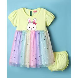 Babyhug Cotton Knit Half Sleeves Bunny Printed Frock With Bloomers & Star Print - Light Green