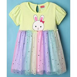 Babyhug Cotton Knit Half Sleeves Bunny Printed Frock With Bloomers & Star Print - Light Green