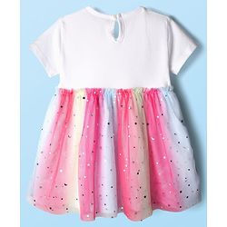 Babyhug Cotton Knit Half Sleeves Frock With Hairband & Butterfly Print - Pink & White