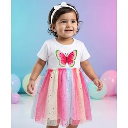 Babyhug Cotton Knit Half Sleeves Frock With Hairband & Butterfly Print - Pink & White