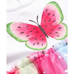 Babyhug Cotton Knit Half Sleeves Frock With Hairband & Butterfly Print - Pink & White