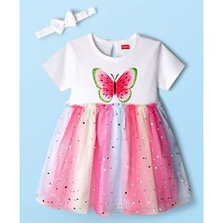Babyhug Cotton Knit Half Sleeves Frock With Hairband & Butterfly Print - Pink & White