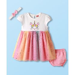 Babyhug Cotton Knit Cap Sleeves Cat Printed Frock With Bloomers & Headband - White & Pink