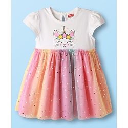 Babyhug Cotton Knit Cap Sleeves Cat Printed Frock With Bloomers & Headband - White & Pink