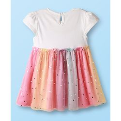 Babyhug Cotton Knit Cap Sleeves Cat Printed Frock With Bloomers & Headband - White & Pink