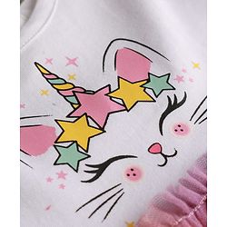 Babyhug Cotton Knit Cap Sleeves Cat Printed Frock With Bloomers & Headband - White & Pink