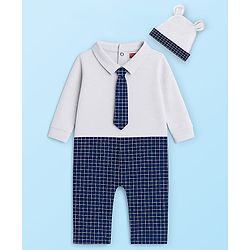 Babyhug Cotton Knit Full Sleeves Party Romper Checked Design & Tie Detailing With Cap - Grey & Navy Blue