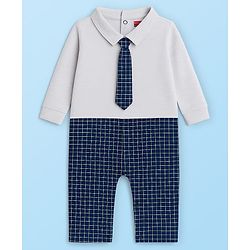 Babyhug Cotton Knit Full Sleeves Party Romper Checked Design & Tie Detailing With Cap - Grey & Navy Blue