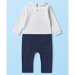 Babyhug Cotton Knit Full Sleeves Party Romper Checked Design & Tie Detailing With Cap - Grey & Navy Blue