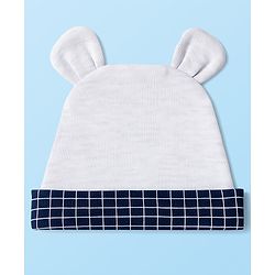 Babyhug Cotton Knit Full Sleeves Party Romper Checked Design & Tie Detailing With Cap - Grey & Navy Blue