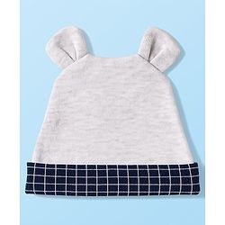 Babyhug Cotton Knit Full Sleeves Party Romper Checked Design & Tie Detailing With Cap - Grey & Navy Blue