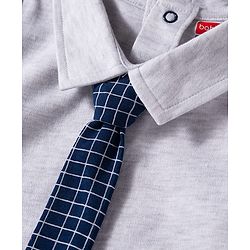 Babyhug Cotton Knit Full Sleeves Party Romper Checked Design & Tie Detailing With Cap - Grey & Navy Blue