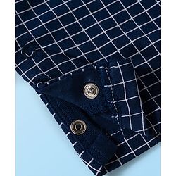 Babyhug Cotton Knit Full Sleeves Party Romper Checked Design & Tie Detailing With Cap - Grey & Navy Blue