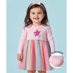 Babyhug Cotton Knit Full Sleeves Star Printed Frock With Bloomer & Headband - Pink