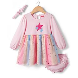 Babyhug Cotton Knit Full Sleeves Star Printed Frock With Bloomer & Headband - Pink