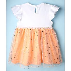 Babyhug Cotton Knit Frill Sleeves Bunny Printed Frock with Bow Applique & Foil Print - Orange & White