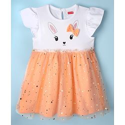 Babyhug Cotton Knit Frill Sleeves Bunny Printed Frock with Bow Applique & Foil Print - Orange & White