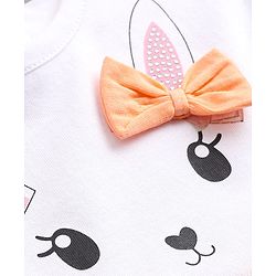 Babyhug Cotton Knit Frill Sleeves Bunny Printed Frock with Bow Applique & Foil Print - Orange & White