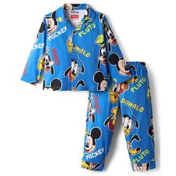 Babyhug Disney Single Jersey Knit Full Sleeves Co-ords Night Suit With Mickey & Friends Print - Blue