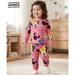 Babyhug Disney 100% Cotton Full Sleeves Night Suit With Minnie Mouse Print - Dark Pink