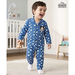Babyhug Disney 100% Cotton Full Sleeves Front Open Co-Ords Night Suit With Mickey Mouse Graphics - Navy Blue