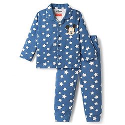Babyhug Disney 100% Cotton Full Sleeves Front Open Co-Ords Night Suit With Mickey Mouse Graphics - Navy Blue