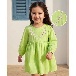 Babyhug Cotton Woven Full Sleeves Frock With Floral Embroidery - Light Green