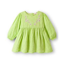 Babyhug Cotton Woven Full Sleeves Frock With Floral Embroidery - Light Green