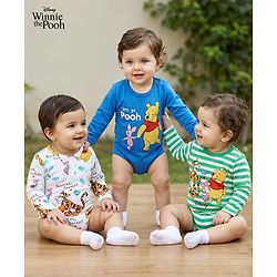 Babyhug Disney Interlock Knit Full Sleeves Onesies With Winnie & Friends Graphic Pack Of 3 - Blue White & Green