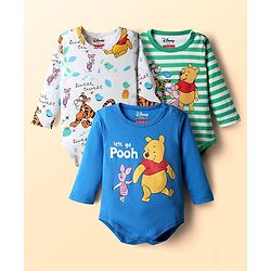 Babyhug Disney Interlock Knit Full Sleeves Onesies With Winnie & Friends Graphic Pack Of 3 - Blue White & Green