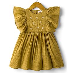 Babyhug Cotton Woven Flutter Sleeves Frock with Floral Embroidery - Olive Green