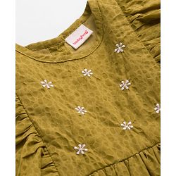Babyhug Cotton Woven Flutter Sleeves Frock with Floral Embroidery - Olive Green