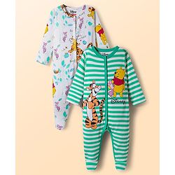 Babyhug Disney Interlock Knit Full Sleeves Footed Sleepsuit With Winnie & Friend Graphics Pack Of 2 - Green & White