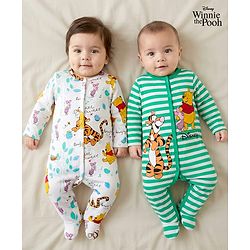 Babyhug Disney Interlock Knit Full Sleeves Footed Sleepsuit With Winnie & Friend Graphics Pack Of 2 - Green & White